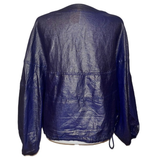 Anthropologie Elevenses Raquel Blue Bubble Jacket Batwing Linen Blend Size M/L - Picture 4 of 13